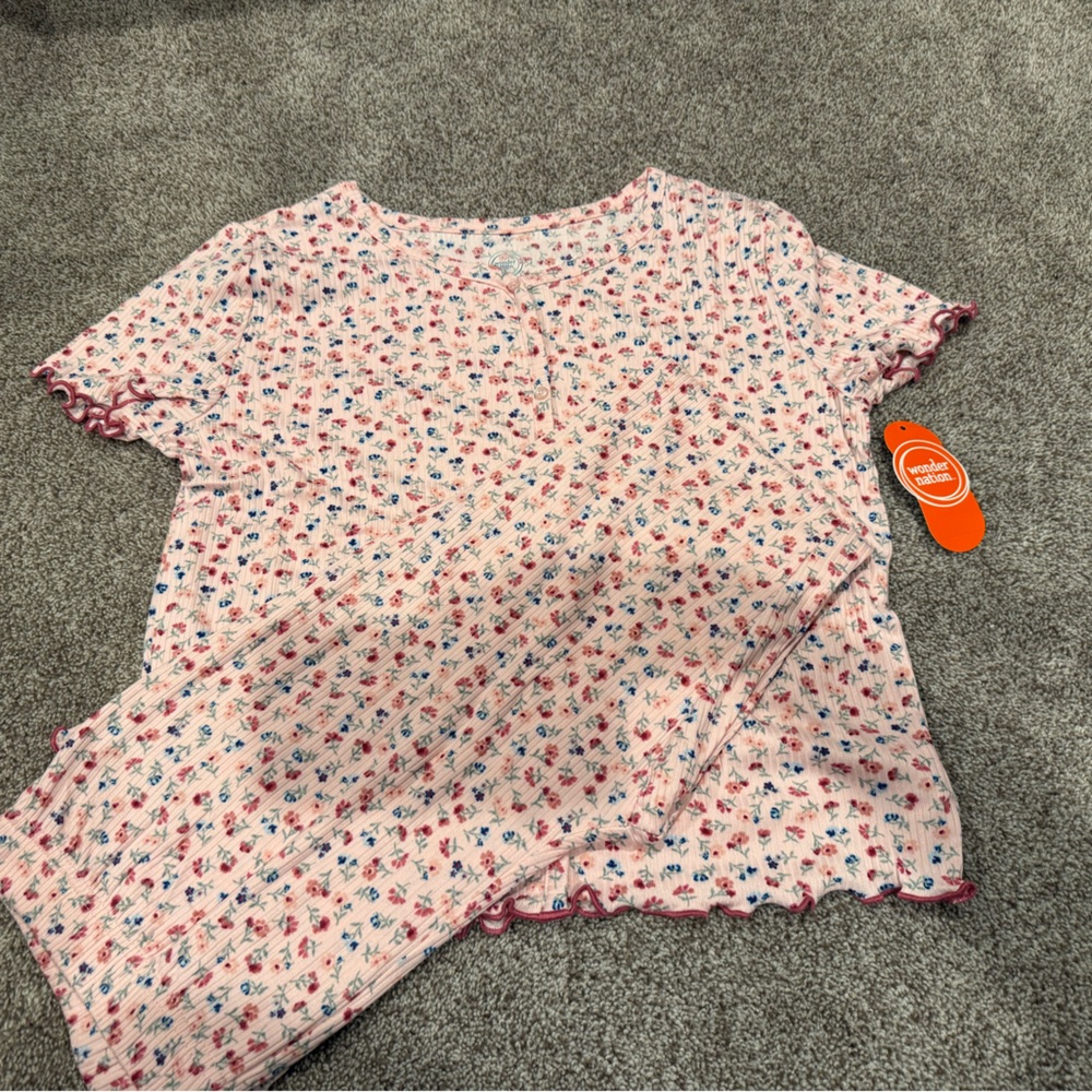 wonder nation Pink Floral Ribbed Kids Pajama Set